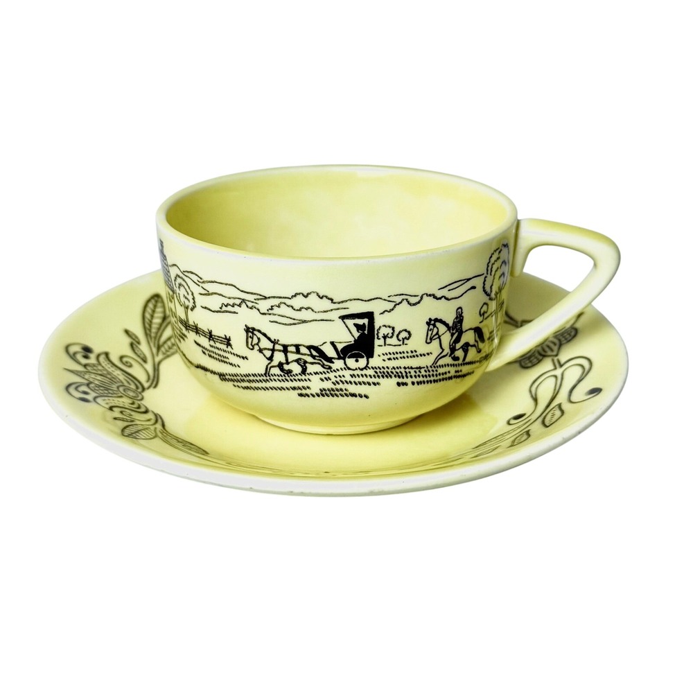 Vintage Pennsylvania Dutch Folk Art Tea Cup Saucer Set Yellow Black Transferware
